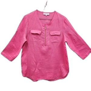 Jones New York Women Top Large Pink 100% Linen 3/4 Sleeve V Neck Zip Vacation
